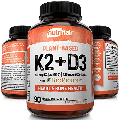 Book Cover NutriFlair Vitamin K2 (MK7) with D3 5000 IU Supplement with BioPerine (Black Pepper) for Immune System Support, Strong Bones and Heart Health (90 Tiny Easy to Swallow Vegetable Capsules)