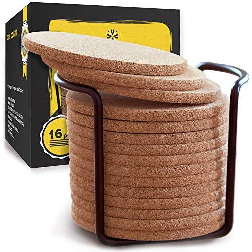 Book Cover Natural Cork Coasters with Round Edge 4 inches 16pc Set with Metal Holder Storage Caddy - 1/5