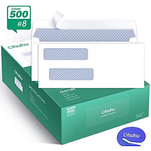 Book Cover Ohuhu 500 Pack # 8 Double Window Envelope SELF SEAL Adhesive Tinted Security Envelopes Quickbooks Check, Business Check, Documents Secure Mailing, 3 5/8 x 8 11/16 Inches, A Letter Opener Included