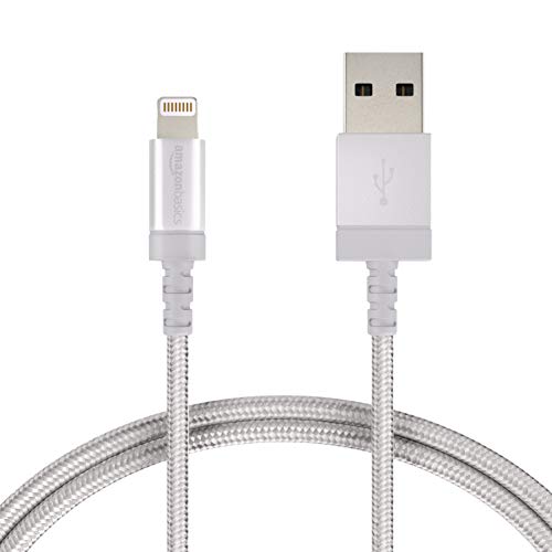 Book Cover Amazon Basics Nylon Braided Lightning to USB A Cable, MFi Certified iPhone Charger, Silver, 3-Foot - Pack of 10
