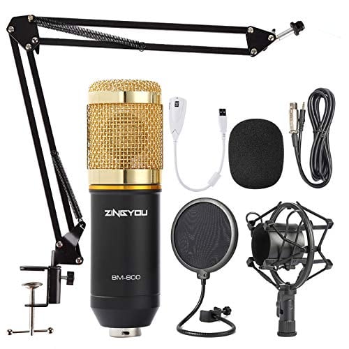 Book Cover ZINGYOU Condenser Microphone Bundle, BM-800 Mic Kit with Adjustable Mic Suspension Scissor Arm, Metal Shock Mount and Double-Layer Pop Filter for Studio Recording & Broadcasting (Gold)