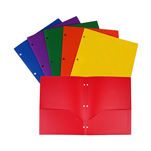 Book Cover Eagle Plastic Heavy Duty 3-Hole 2-Pocket Folder, Letter Size, Assorted Colors, Fits for 3-Ring Binder, 6-Pack