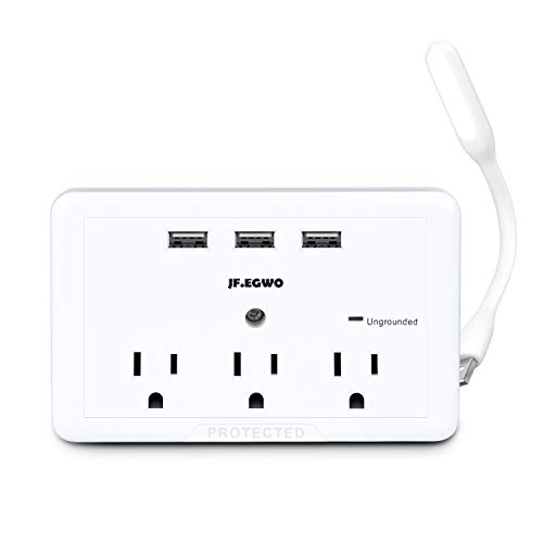 Book Cover 3 USB 3 Outlet Plug Extender Surger Protector, Multi Plug Outlets and 3 USB Wall Charger, 3.1A Wall Plugs Charging Stations, 918 Joules to Protect Your 6 Device by JF.EGWO, White