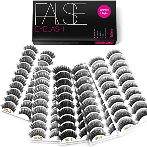 Book Cover Eliace Eyelashes, 50 Pairs 5 Styles 3D Faux Mink Lashes Natural Look Wispy Fluffy Handmade Cat False Eyelashes Set Professional Fake Eyelashes Pack