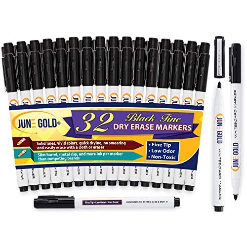 Book Cover June Gold 32 Black Dry Erase Whiteboard Markers, Fine/Bullet Tip, Slim Barrel, Low Odor & Vivid Lines