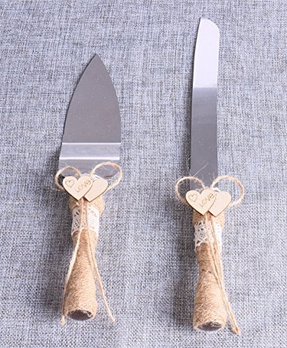 Book Cover Set of 2, Rustic Wedding Cake Knife and Serving Set with Twine Heart Love Wood Tag Burlap Lace