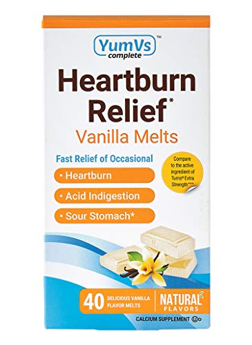 Book Cover YUM-V's Complete Heartburn Relief, Antacid w/ Calcium Supplement (40 Ct), Chewable Vanilla Melts for Men and Women; Low Sugar, Vegan, Kosher, Halal, Gluten Free