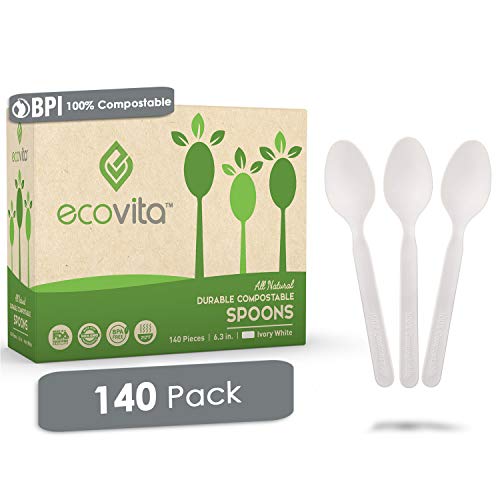 Book Cover 100% Compostable Spoons - 140 Large Disposable Utensils (6.5 in.) Eco Friendly Durable and Heat Resistant Alternative to Plastic Spoons with Convenient Tray by Ecovita