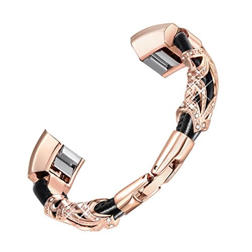 Book Cover bayite Leather Bands Compatible with Fitbit Alta and Alta HR, Metal Clasp Leather Cord Wristband with Rhinestone Bling, (Rose Gold with Rhinestone, 5.5