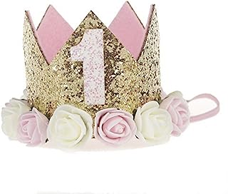 Book Cover Baby Princess Tiara Crown, Baby Girls/Kids First Birthday Hat Sparkle Gold Flower Style with Artificial Rose Flower (1st Golden Crown)