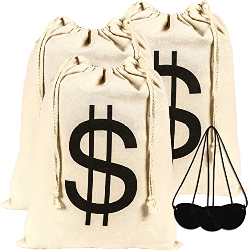 Book Cover 3PCS 11.8 x 15.5 Inches Large Bank Robber Costume Money Bags with Eye Patches - Halloween Drawstring Pouch with Dollar Sign - Trick or Treat/Burglar/Cowboy Pirate Party Supplies Cosplay Props