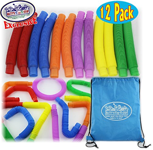 Book Cover Matty's Toy Stop Pull 'N Pop Multi-Color Tubes (Toobs) with Storage Bag - 12 Pack
