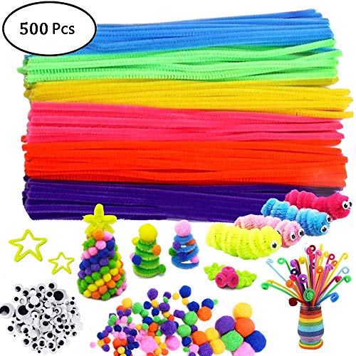 Book Cover 500Pcs Pipe Cleaners Craft Set,Including 100 Pcs Chenille Stems 200 Pcs Pom Poms Craft 200 Pcs Wiggle Googly Eyes Self Adhesive,Assorted Colors and Assorted Sizes for DIY Art Craft