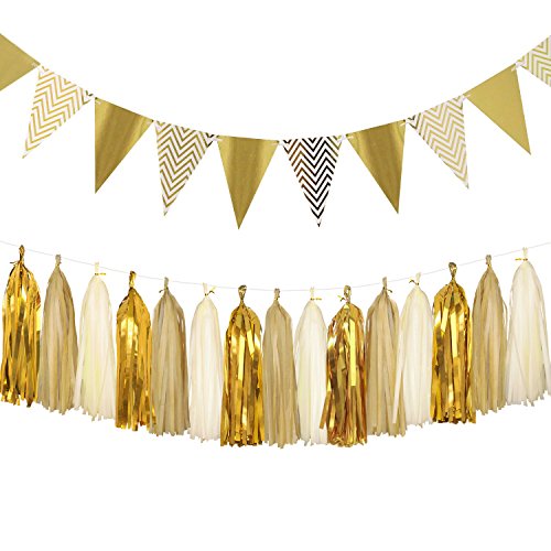 Book Cover Aonor Sparkly Paper Pennant Banner Triangle Flags Bunting 8.2 Feet and Tissue Paper Tassels Garland 15 pcs for Baby Shower, Birthday Party Wall Decorations, Metallic Gold