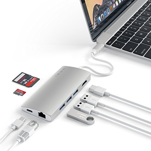 Book Cover Satechi Aluminum Multi-Port Adapter V2 - 4K HDMI (30Hz), Gigabit Ethernet, USB-C Pass-Through, SD/Micro Card Readers, USB 3.0 - Compatible with 2018 MacBook Air, 2019/2018 MacBook Pro (Silver)