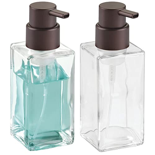 Book Cover mDesign Glass Refillable Foaming Hand Soap Dispenser Modern Square Pump Bottle for Bathroom Vanities or Kitchen Sink, Countertops - 2 Pack - Clear/Bronze