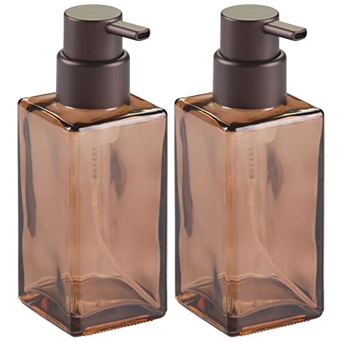 Book Cover mDesign Glass Refillable Foaming Hand Soap Dispenser Modern Square Pump Bottle for Bathroom Vanities or Kitchen Sink, Countertops - 2 Pack - Sand Brown/Bronze
