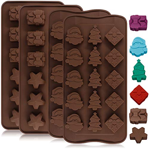 Book Cover 4 Pack Silicone Chocolate Candy Molds Trays, DanziX Baking Jelly Molds, Cake Decoration, with Shapes of Star, Gift Box, Christmas Tree, Santa Head - 2 Types