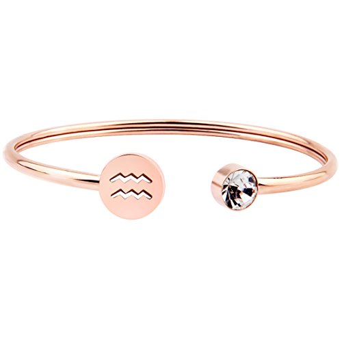 Book Cover Zuo Bao Simple Rose Gold Zodiac Sign Cuff Bracelet with Birthstone Birthday Gift for Women Girls