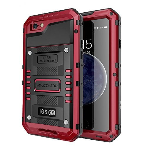 Book Cover seacosmo iPhone 6/6S Case, Military Grade IP68 Waterproof Dustproof Shockproof Full Body Sealed Underwater Case with Built-in Screen Protector Heavy Duty Metal Rugged Case for iPhone 6/6S, Red