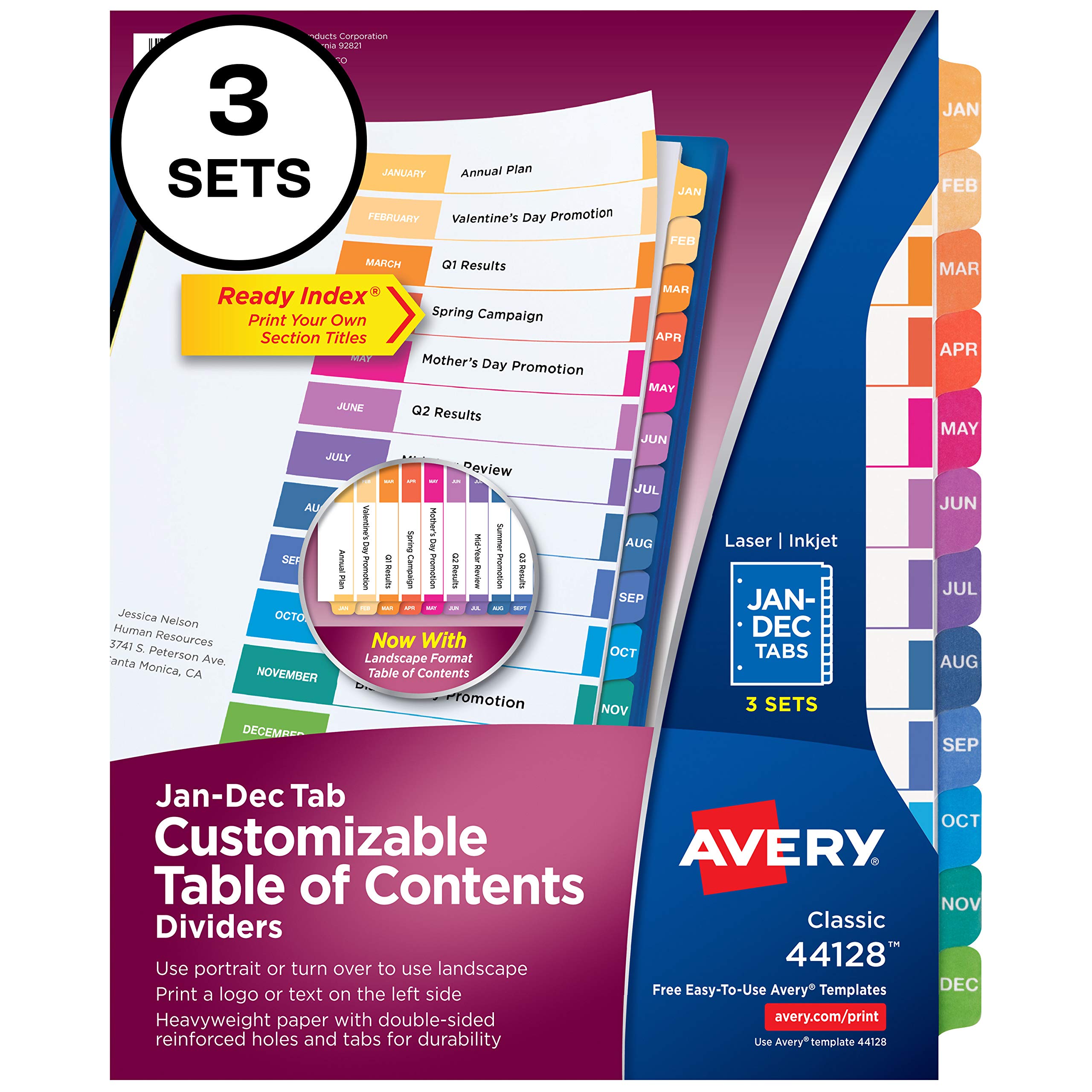 Book Cover Avery Jan-Dec 12 Tab Dividers for 3 Ring Binders, Customizable Table of Contents, Multicolor Tabs, 3 Sets (44128) Dividers 3 sets