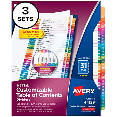 Book Cover Avery 31-Tab Dividers for 3 Ring Binders, Customizable Table of Contents, Multicolor Tabs, 3 Sets (44129)