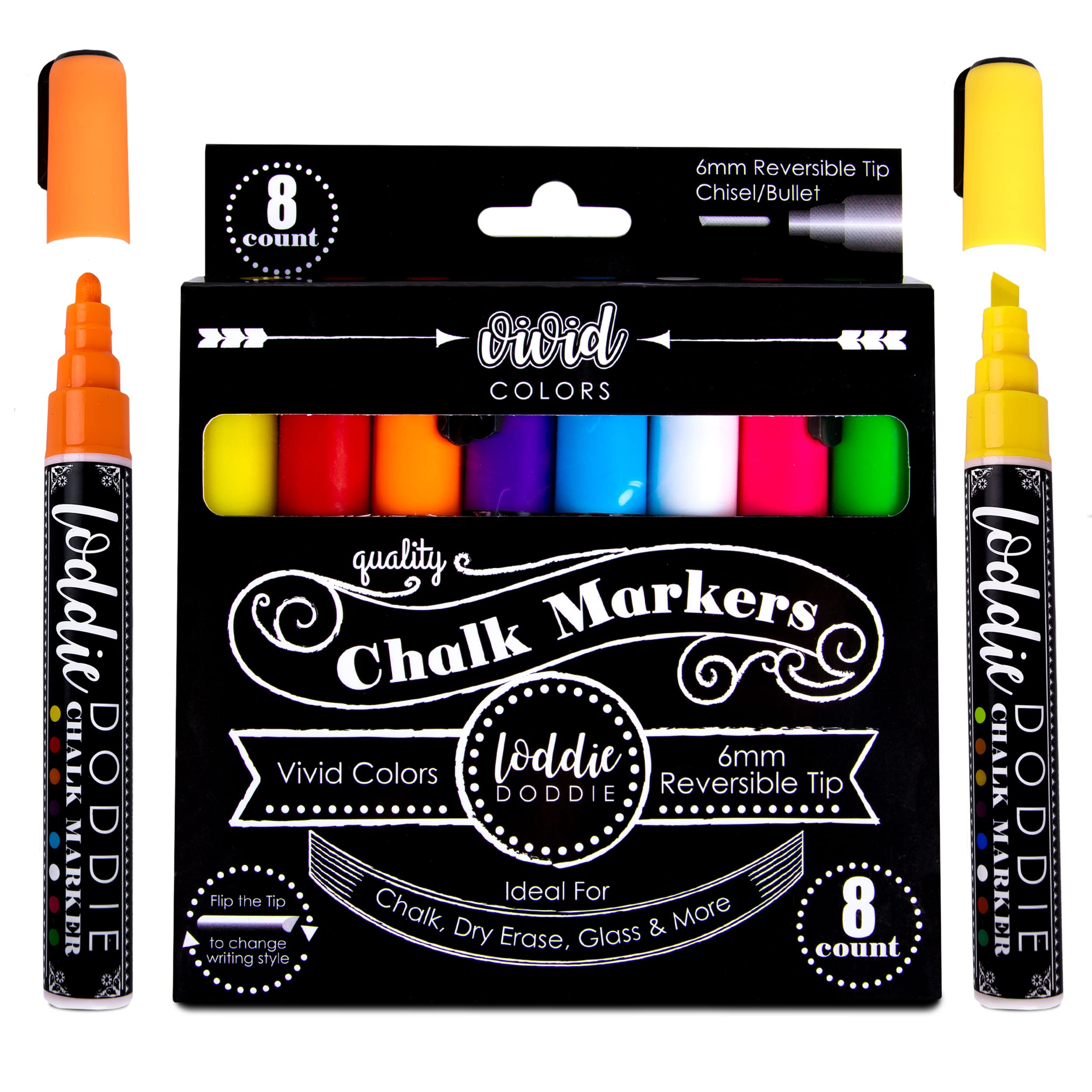 Book Cover Loddie Doddie Chalk Markers - Perfect for Chalkboards, Blackboards, Windows, Glass, Bistro | 6mm Reversible Bullet & Chisel Tip Erasable Ink (Vivid Neon)