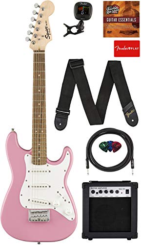 Book Cover Fender Squier 3/4 Size Kids Mini Strat Electric Guitar - Pink Bundle with Amplifier, Instrument Cable, Tuner, Strap, Picks, Fender Play Online Lessons, and Austin Bazaar Instructional DVD