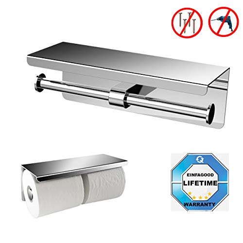 Book Cover EINFAGOOD Toilet Paper Holder with Shelf, Toilet Paper Holder Adhesive Wall Mount, Toilet Paper Dispenser, Stainless Steel Chrome, 2.16 Lb Heavy (Chrome 2 Rolls)