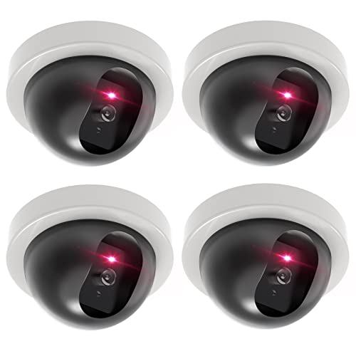 Book Cover WALI Dummy Fake Security CCTV Dome Camera with Flashing Red LED Light with Security Alert Sticker Decals (SDW-4), 4 Packs, White