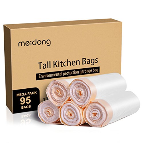 Book Cover Trash Bags, meidong Garbage Bags 13 Gallon Large Tall Kitchen Drawstring Strong Multipurpose White Bags for Trash Can Garbage Bin(5 Rolls/95 Counts)