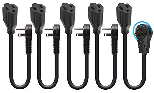 Book Cover Maximm Cable 1 Foot 360Â° Rotating Flat Plug Extension Cord / Wire, 3 Prong Grounded Wire 16 Awg Power Cord - 5 Pack - Black