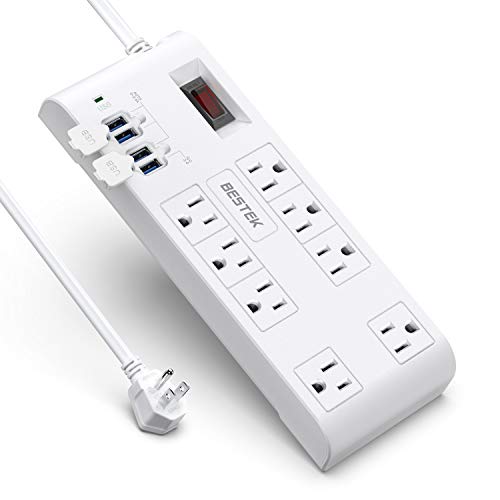 Book Cover Quick Charge 3.0 Power Strip Surge Protector USB, BESTEK Multi Outlets Plug 8-Outlet 4 USB Charging Ports, 6-Foot Long Flat Angle Plug Heavy Duty Extension Cords, 900 Joule, FCC ETL Listed