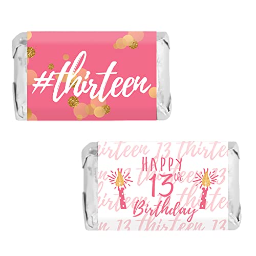 Book Cover Girls 13th Birthday Party Mini Candy Bar Wrappers, Pink and Gold - 45 Stickers