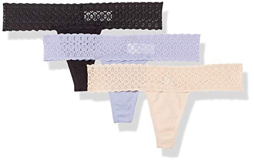 Book Cover Mae Women's Lace Waistband Cotton Thong Panty, 3 Pack
