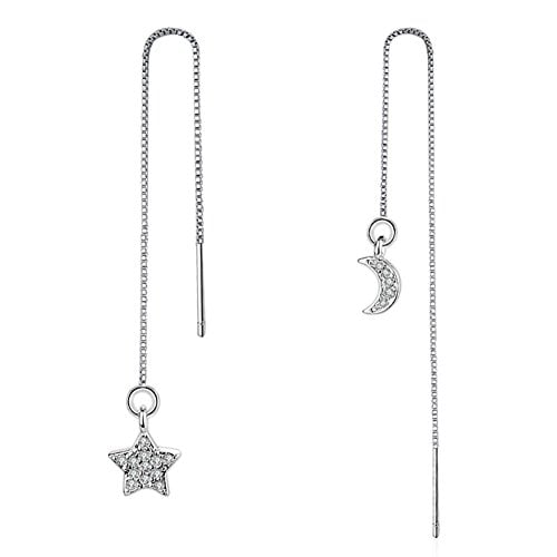 Book Cover Alician Adorable Moon Star Dangle Earrings Lovely Silver Zirconia Long Chain Ear Drop for Women Girl's Gift