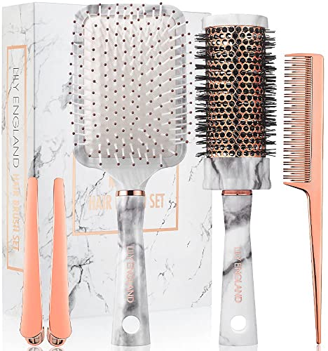 Book Cover Hair Brush Set for Women - Paddle Brush, Round Blow Drying Hairbrush, Tail Comb & Clips - Professional Hairbrushes Marble & Rose Gold by Lily England