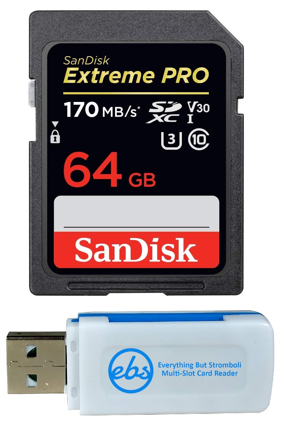 Book Cover SanDisk 64GB Extreme Pro Memory Card works with Olympus TG-5 Waterproof, E-M10 Mark II, E-M1, STYLUS Tough TG-4, TG-870 Digital DSLR Camera SDXC 4K V30 UHS-I with Everything But Stromboli Combo Reader