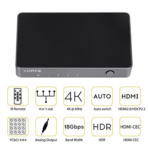 Book Cover VORKE Mini Auto Switching HDMI Switch Solid Metal 4x1 4K 60Hz with HDR 18Gbps HDMI 2.0 HDCP 2.2 HDR 3D with IR Remote Audio Output