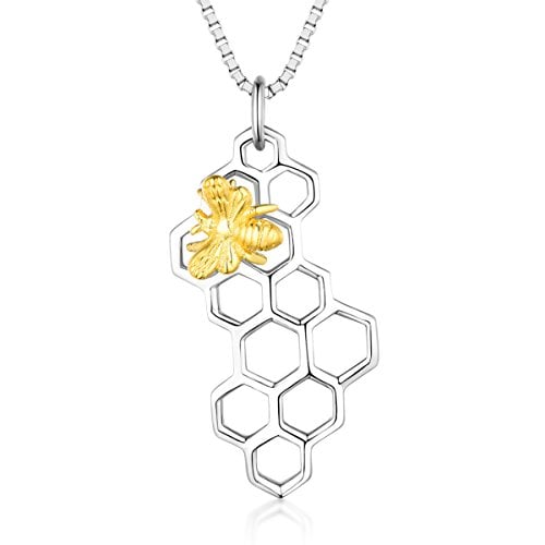 Book Cover 925 Sterling Silver Honeycomb and Golden Honey Bee Pendant Necklace
