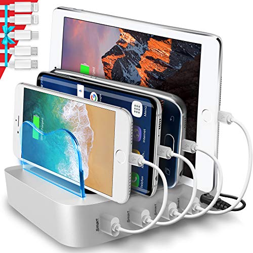 Book Cover Poweroni USB Charging Station Dock - 4-Port - Fast Charge Docking Station for Multiple Devices - Multi Device Charger Organizer - Compatible with Apple iPad iPhone and Android Cell Phone and Tablet