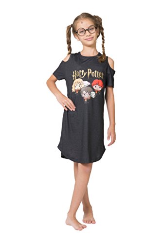 Book Cover Harry Potter Girls' Big Chibi Art Cold Shoulder Nightgown, Charcoal Gray, 7/8