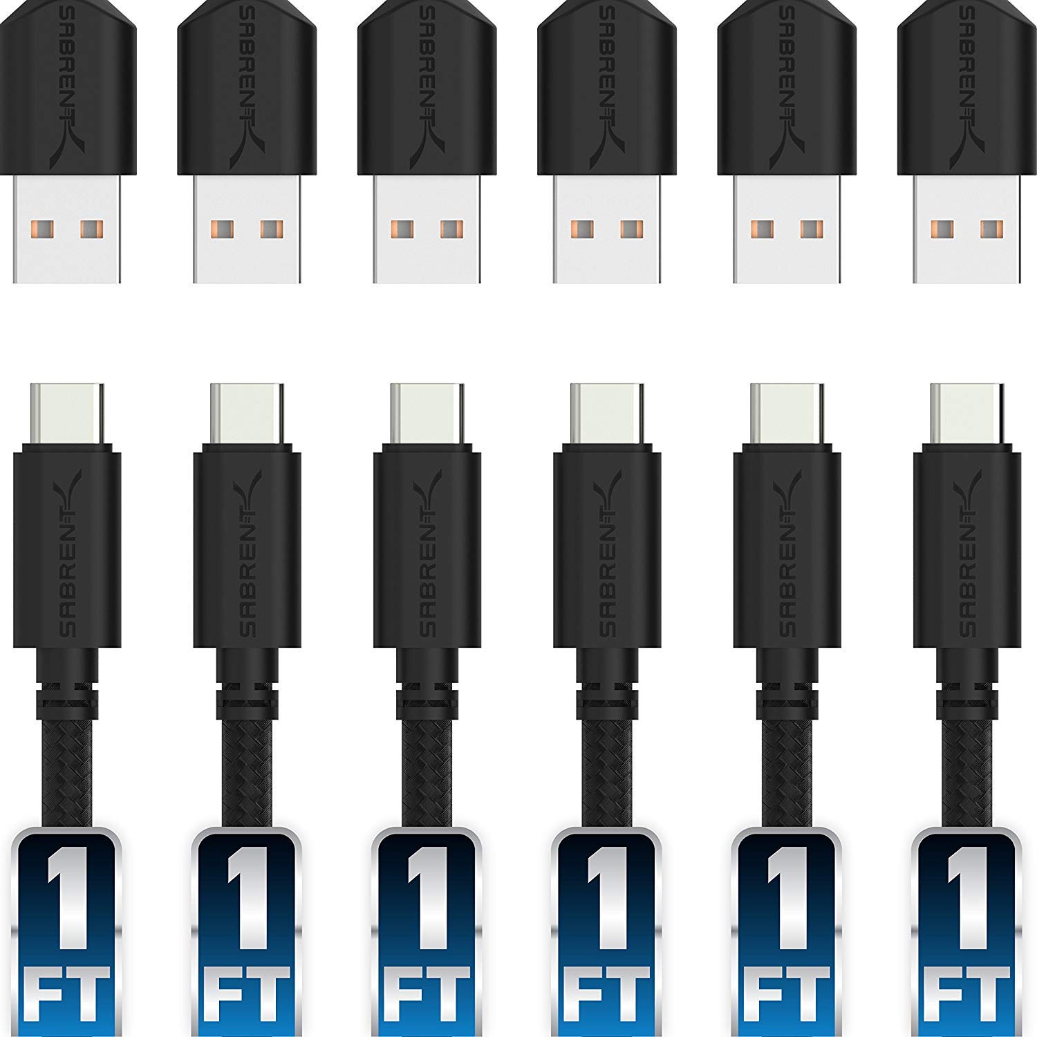 Book Cover SABRENT [6 Pack 22AWG Premium 1ft USB C to USB A 2.0 Sync and Charge Cables [Black] (CB-C6X1) 1-FT USB 2.0 [6-PACK]