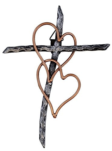 Book Cover Entwined Hearts Decorative Welded Metal Wall Cross - Two Hearts Joined - Small Version