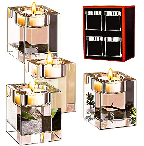 Book Cover Le Sens Amazing Home Classic Cube Crystal Candle Holder Set of 4 - Solid Square Clear Glass Table Centerpiece - Elegant Votive Tealight Candlestick for Ceremony Wedding & Home Decoration