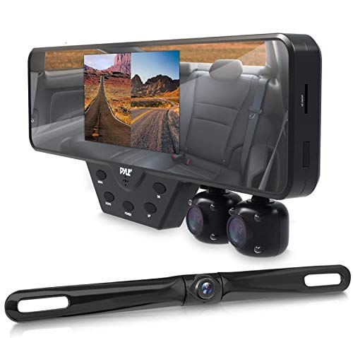 Book Cover Pyle Newest Technology HD 3 Camera Dash Cam Rearview Mirror Backup Camera Mirror Cam Front and Rear Recording Video Recording System Hd Camera Record Kit, 1080p Night Vision, Easy Install (PLCMDVR54)