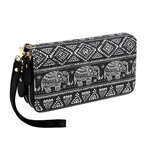 Book Cover Bohemian Purse Wallet Canvas Elephant Pattern Handbag with Coin Pocket and Strap (Large, Black Elephant)