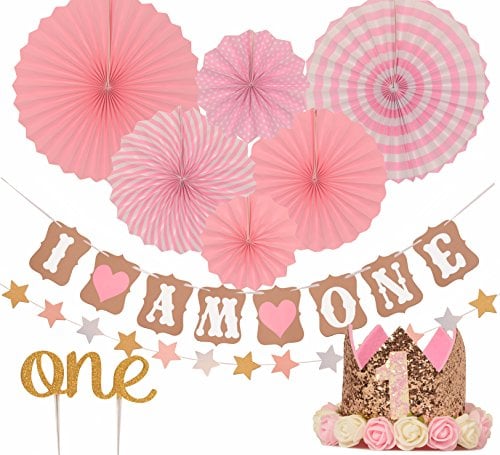 Book Cover FIRST BIRTHDAY DECORATION SET FOR GIRL- 1st Baby GIRL Birthday Party, Stars Paper Garland, Gold Cake Topper
