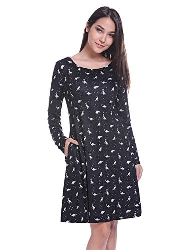 Book Cover Fancyqube Women's Casual Pleated Shirt Dresses Long Sleeve Cute Print Swing Dress with Pockets