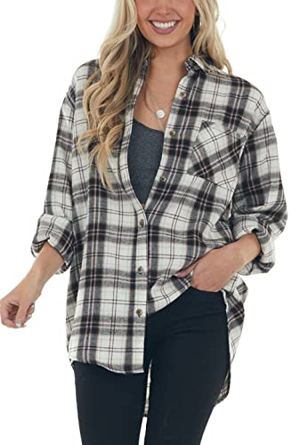 Book Cover Jug&Po Womens Flannel Shirts Cuffed Long Sleeve Plaid Loose Fit Button Down Shirts Blouse Tops